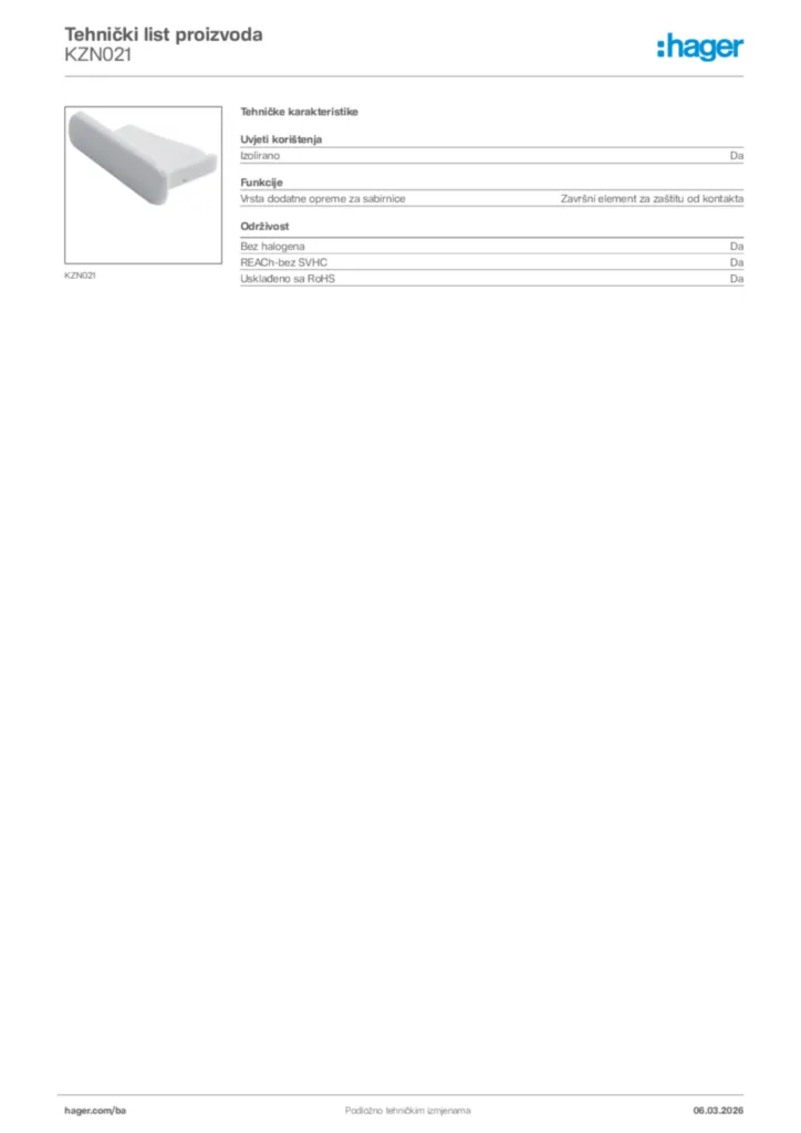 Slika Hager Tehnički list proizvoda KZN021  | Hager