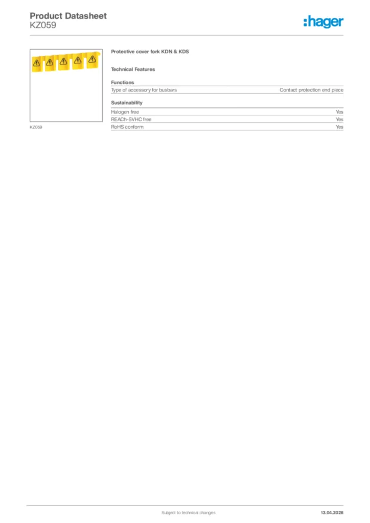 Image Hager Product data sheet KZ059  | Hager Africa