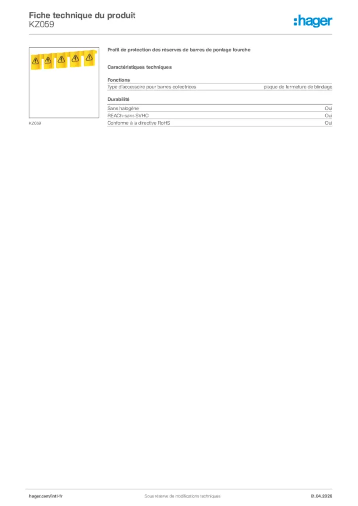 Image Hager Fiche technique du produit KZ059 | Hager Afrique