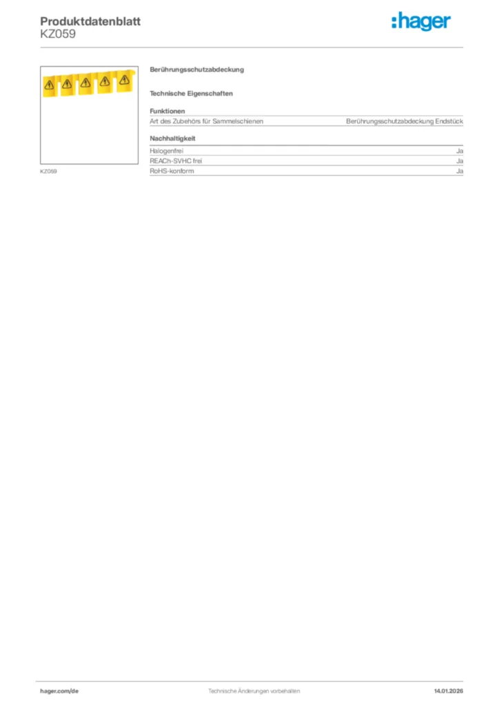 Bild Hager Produktdatenblatt KZ059 | Hager Deutschland