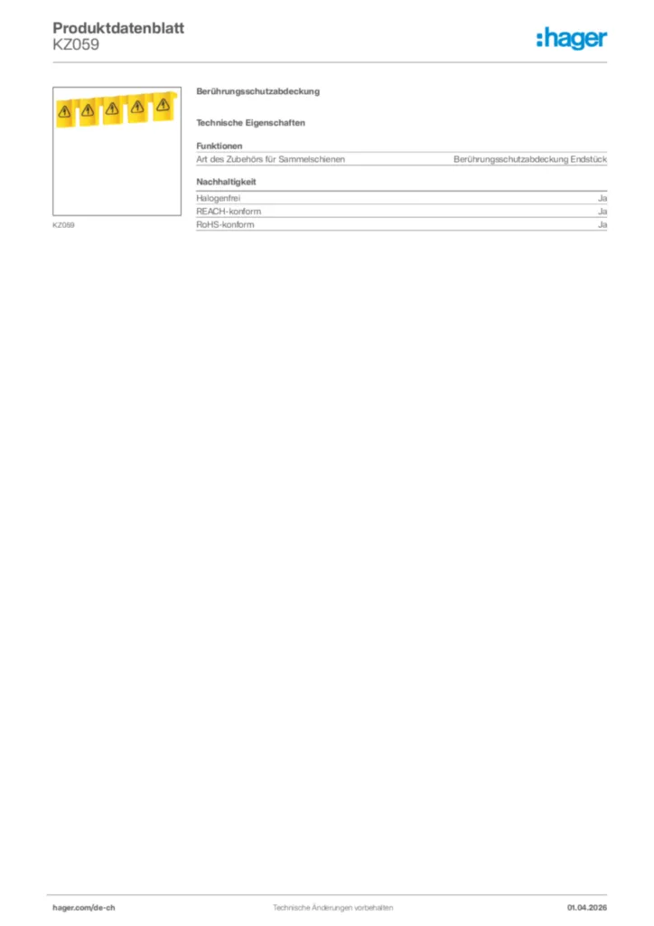 Bild Hager Produktdatenblatt KZ059 | Hager Schweiz
