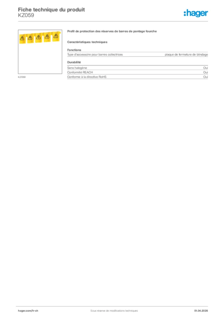 Image Hager Fiche technique du produit KZ059 | Hager Suisse