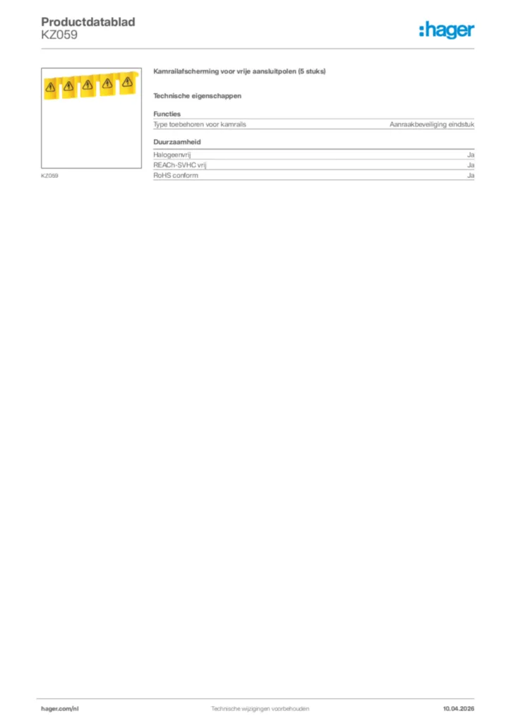 Afbeelding Hager Productdatablad KZ059 | Hager Nederland