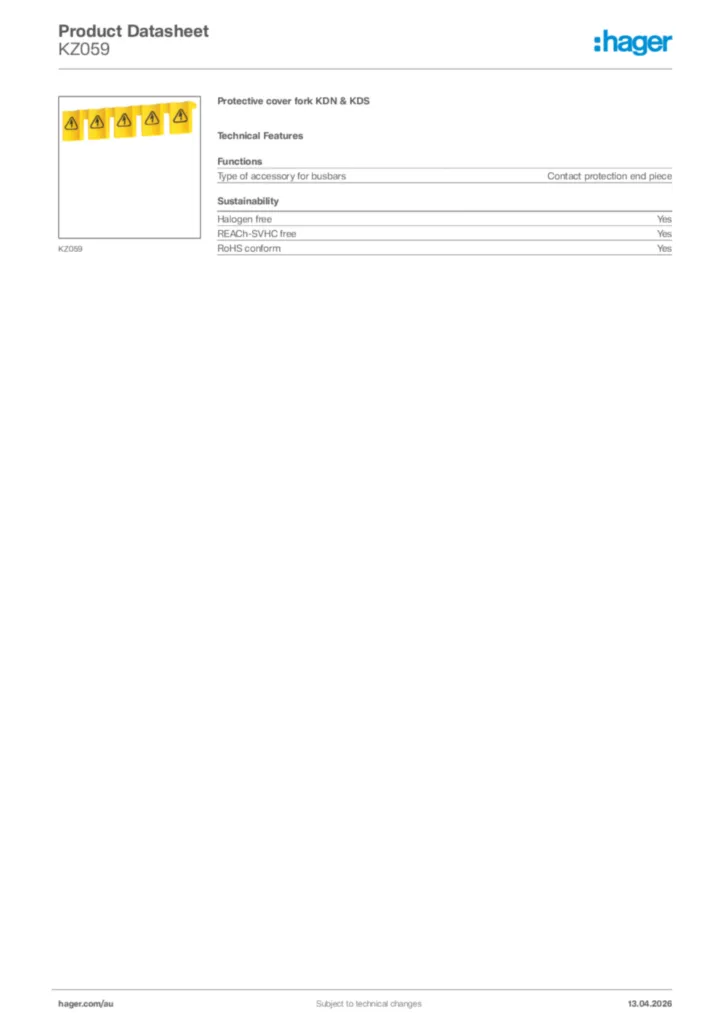 Image Hager Product data sheet KZ059  | Hager Australia