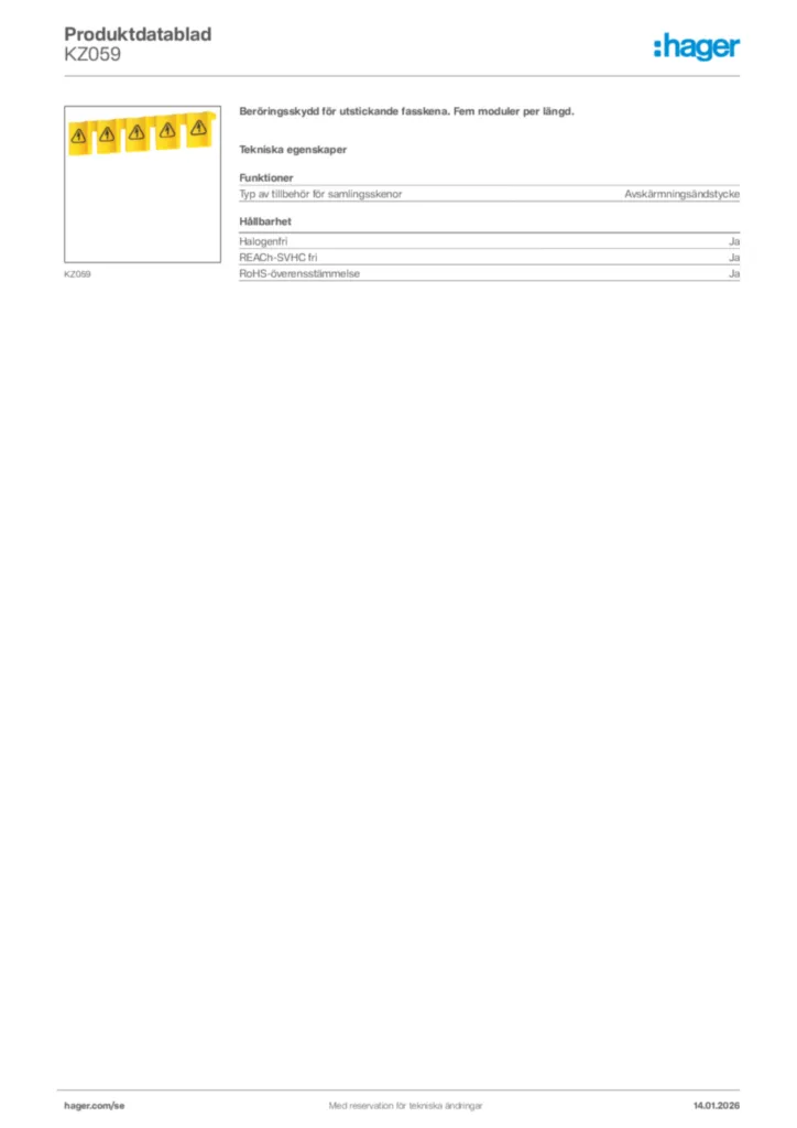 Bild Hager Produktdatablad KZ059 | Hager Sverige