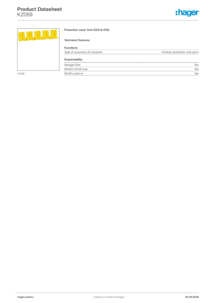 Image Hager Product data sheet KZ059  | Hager New Zealand