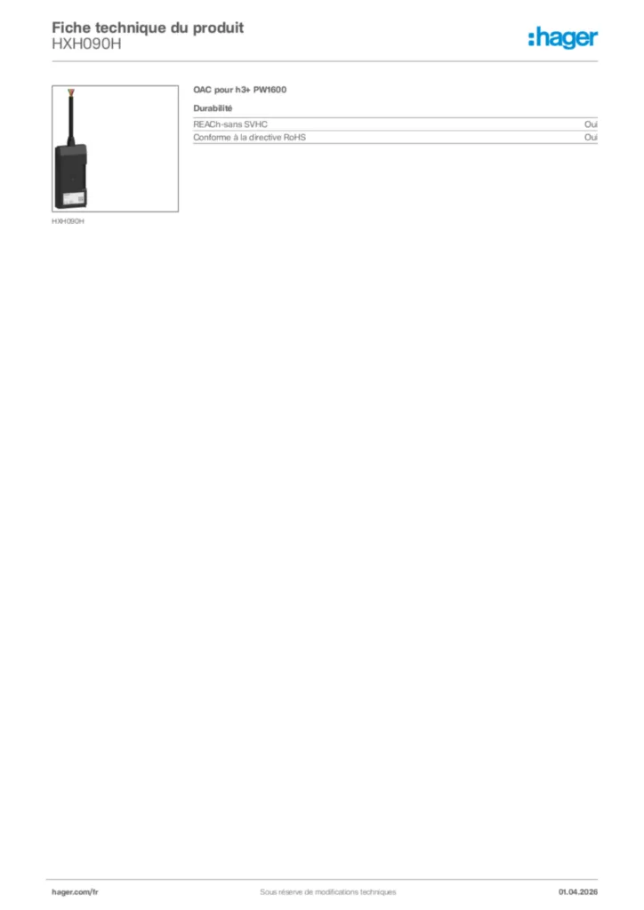 Image Hager Fiche technique du produit HXH090H | Hager France