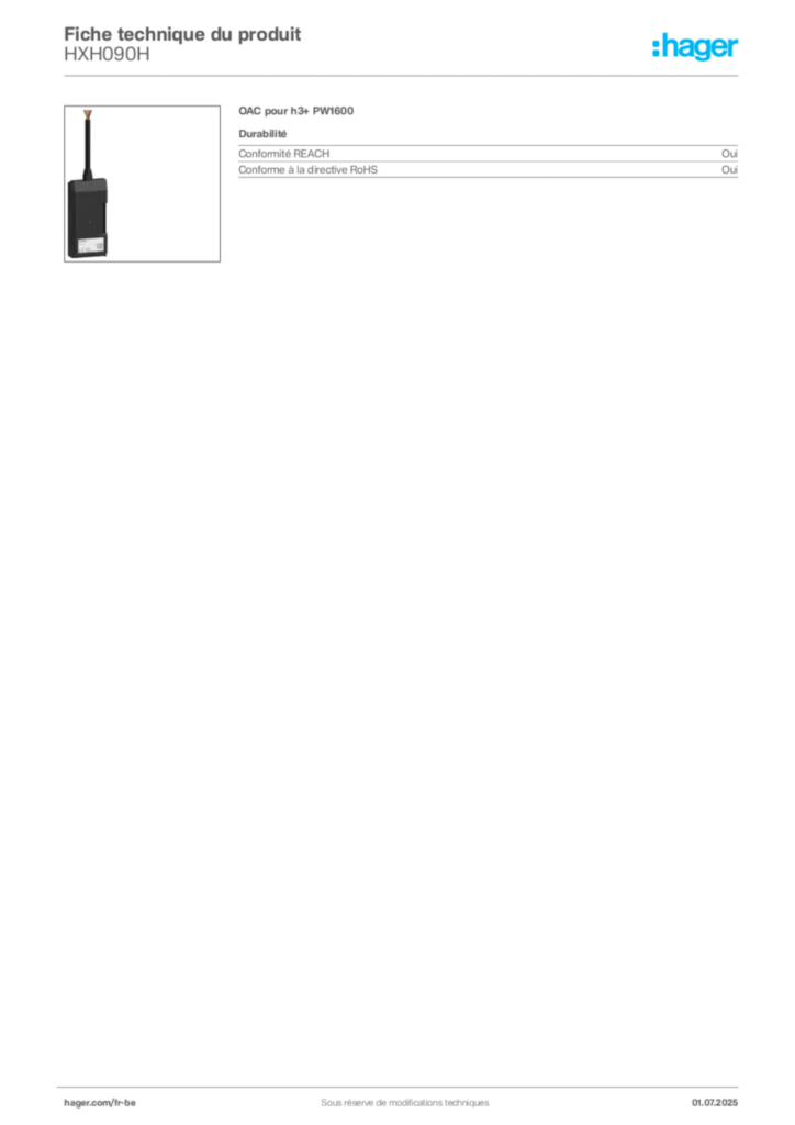 Image Hager Fiche technique du produit HXH090H | Hager Belgique