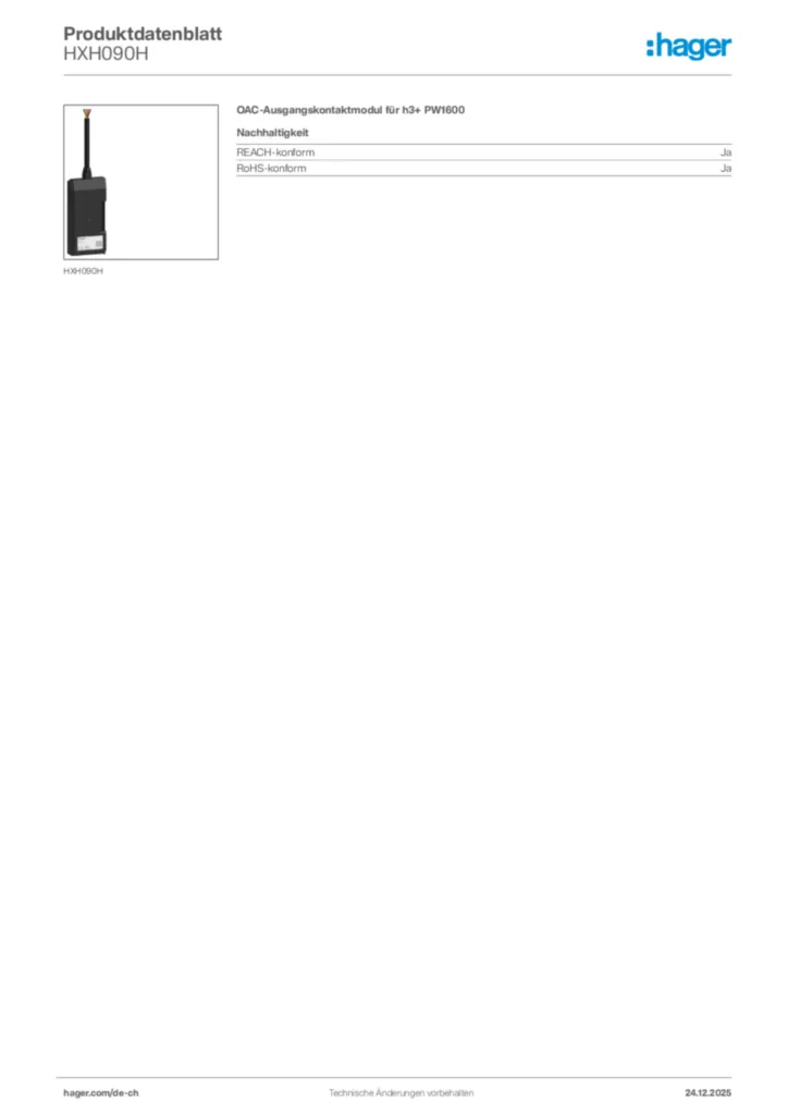 Bild Hager Produktdatenblatt HXH090H | Hager Schweiz