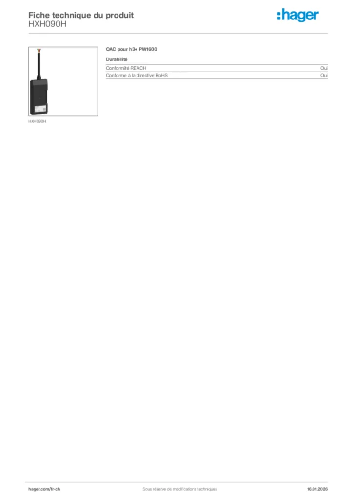 Image Hager Fiche technique du produit HXH090H | Hager Suisse