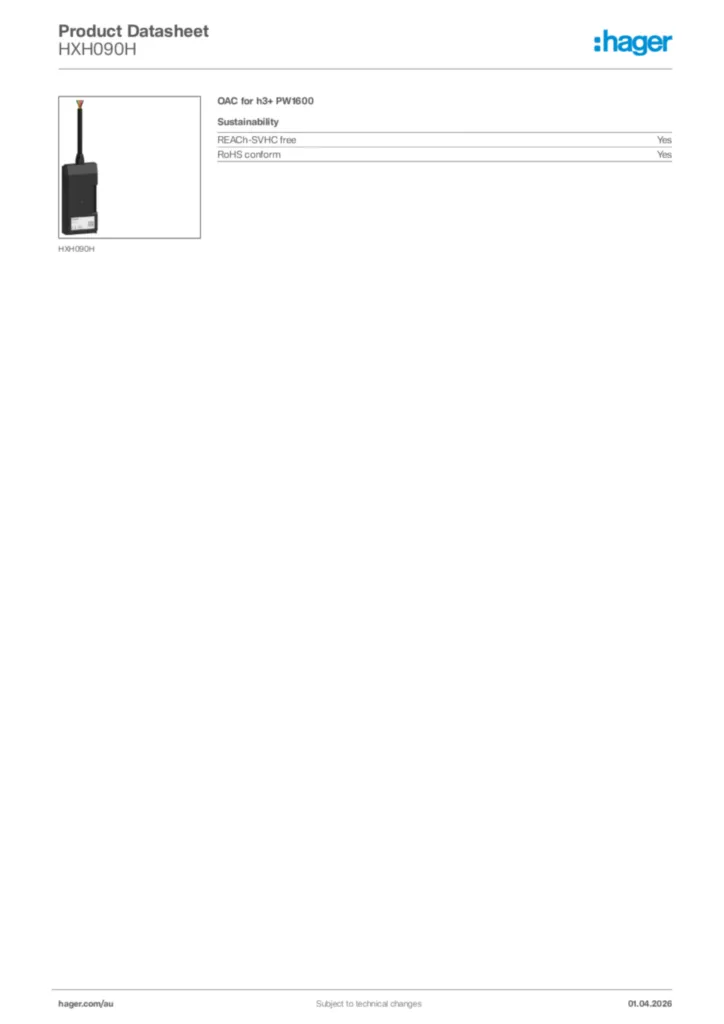 Image Hager Product data sheet HXH090H  | Hager Australia