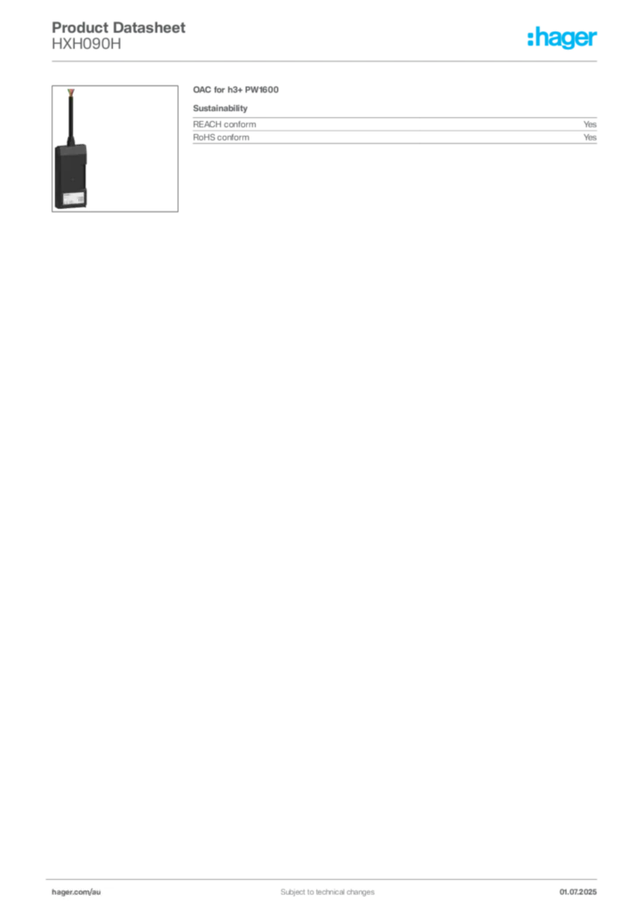 Image Hager Product data sheet HXH090H  | Hager Australia