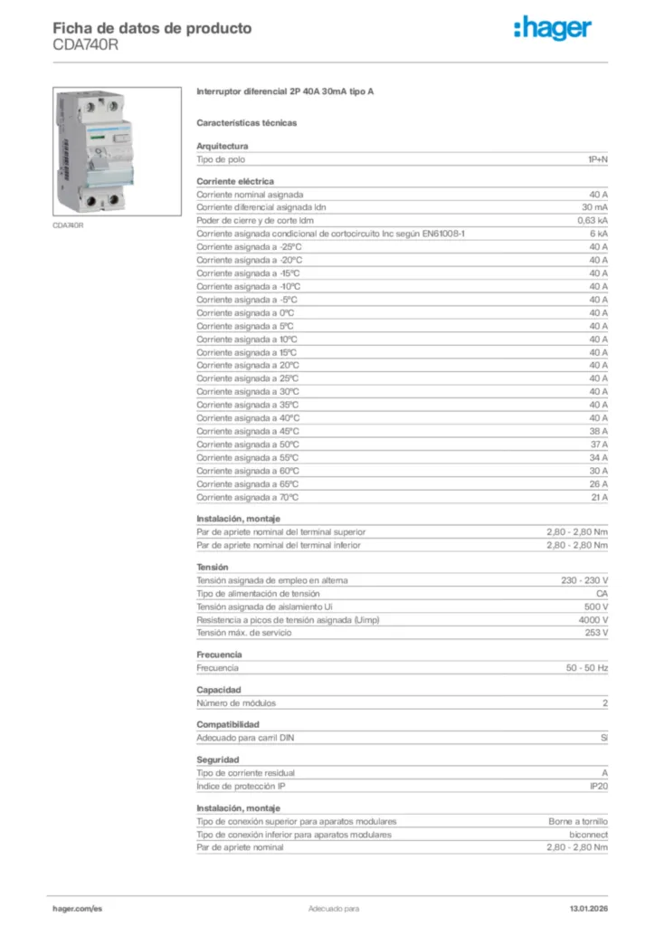 Imagen Hager Ficha de datos de producto CDA740R | Hager España