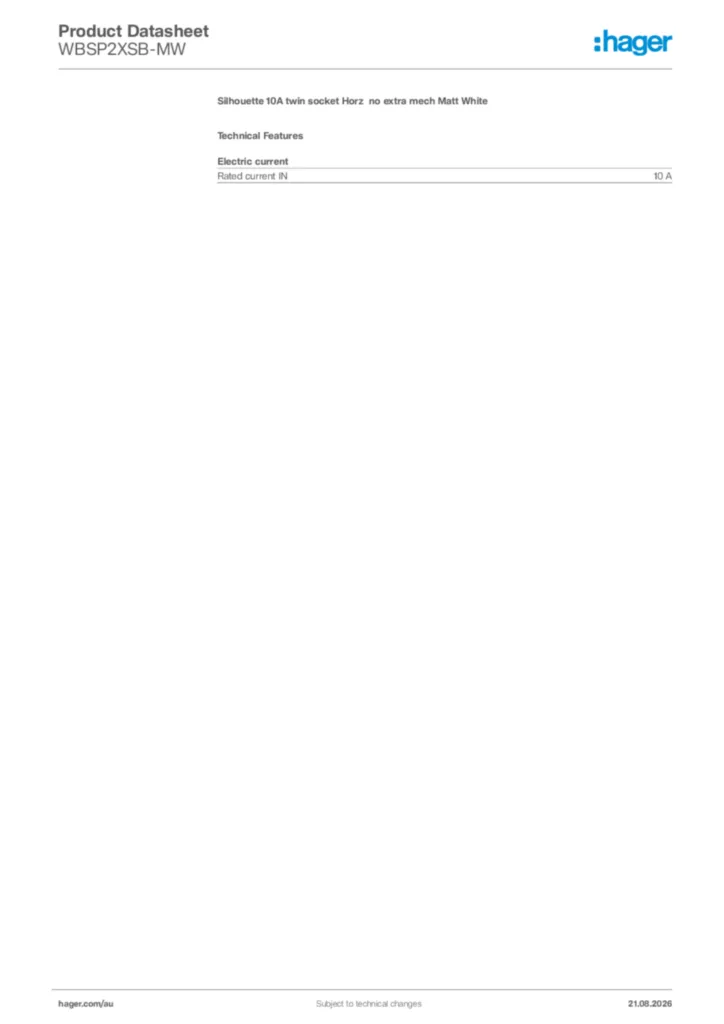 Image Hager Product data sheet WBSP2XSB-MW  | Hager Australia