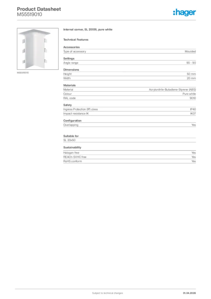 Image Hager Product data sheet M55519010  | Hager Africa