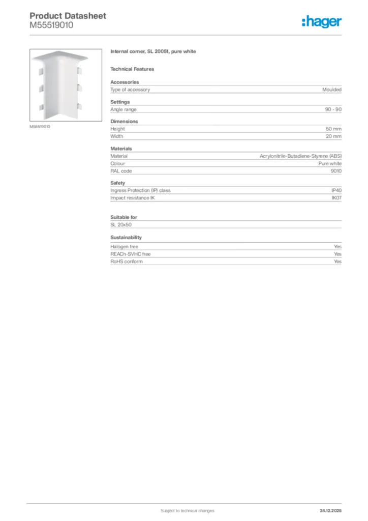 Image Hager Product data sheet M55519010  | Hager Africa