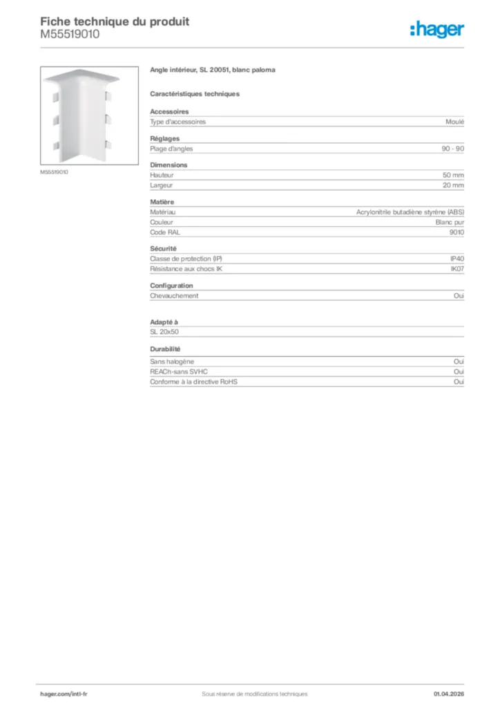 Image Hager Fiche technique du produit M55519010 | Hager Afrique