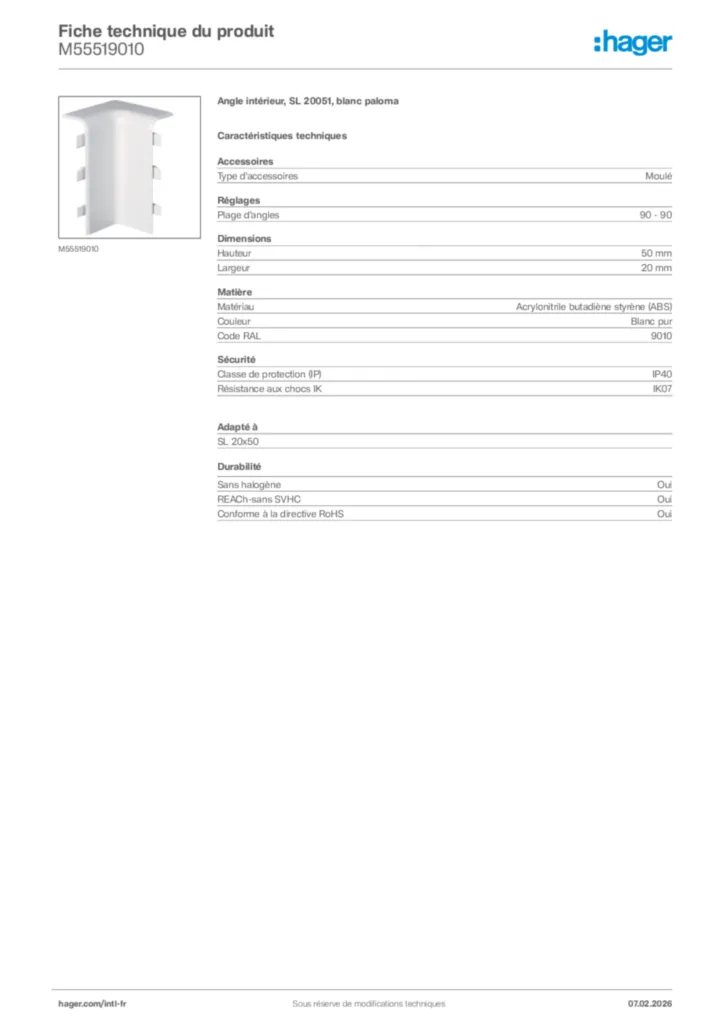 Image Hager Fiche technique du produit M55519010 | Hager Afrique