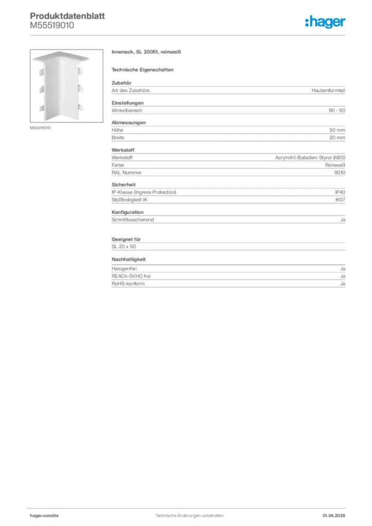 Bild Hager Produktdatenblatt M55519010 | Hager Deutschland