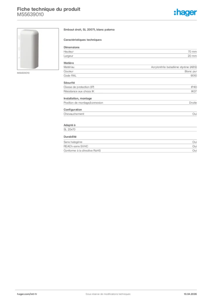 Image Hager Fiche technique du produit M55639010 | Hager Afrique