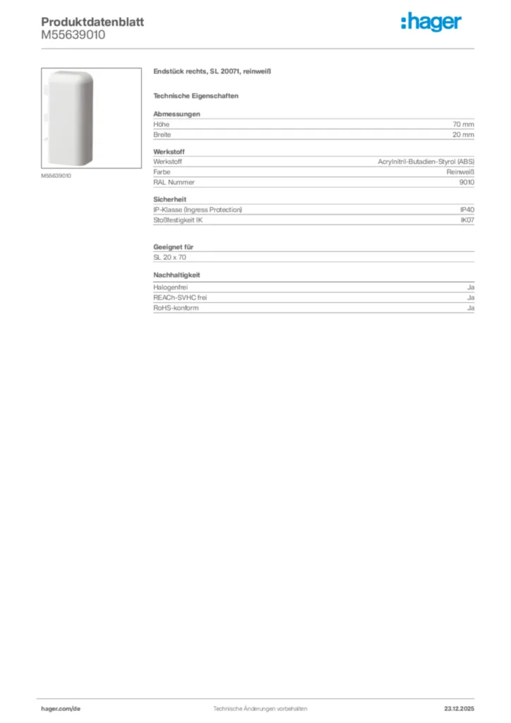Bild Hager Produktdatenblatt M55639010 | Hager Deutschland
