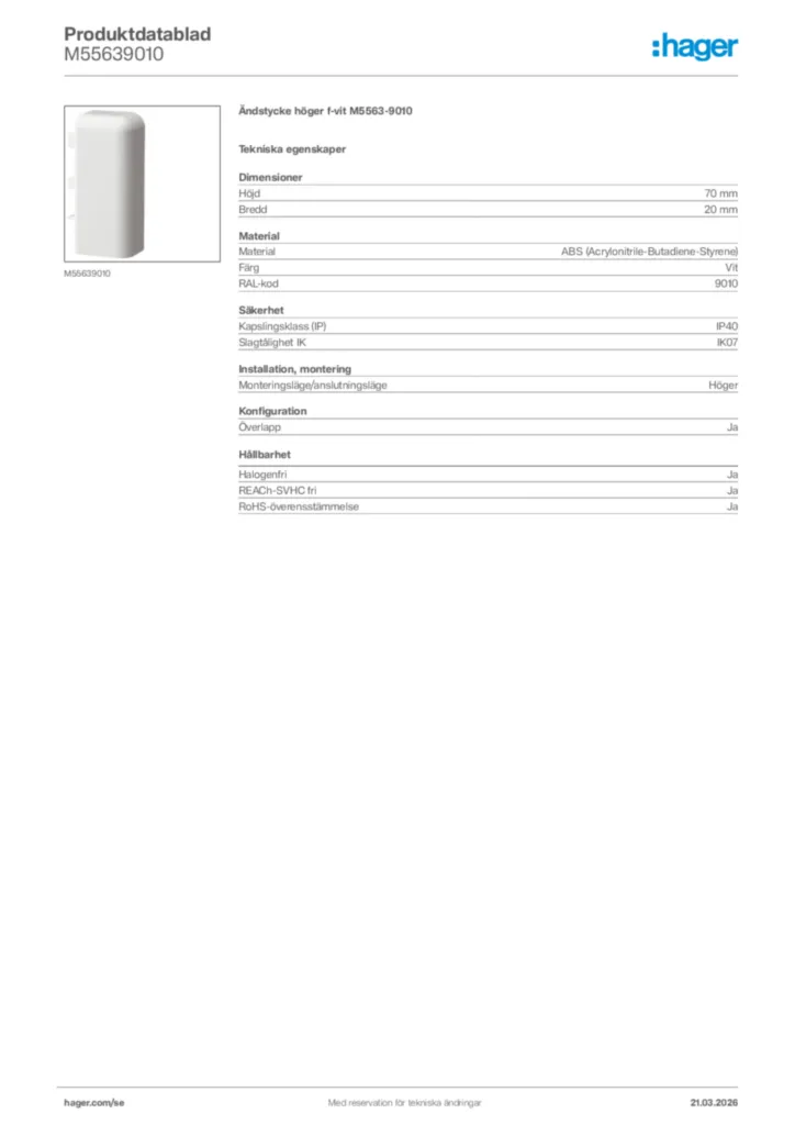 Bild Hager Produktdatablad M55639010 | Hager Sverige