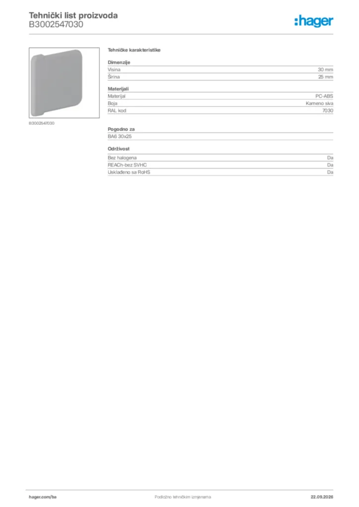 Slika Hager Tehnički list proizvoda B3002547030  | Hager