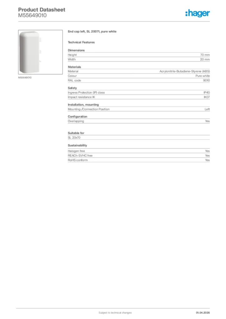 Image Hager Product data sheet M55649010  | Hager Africa