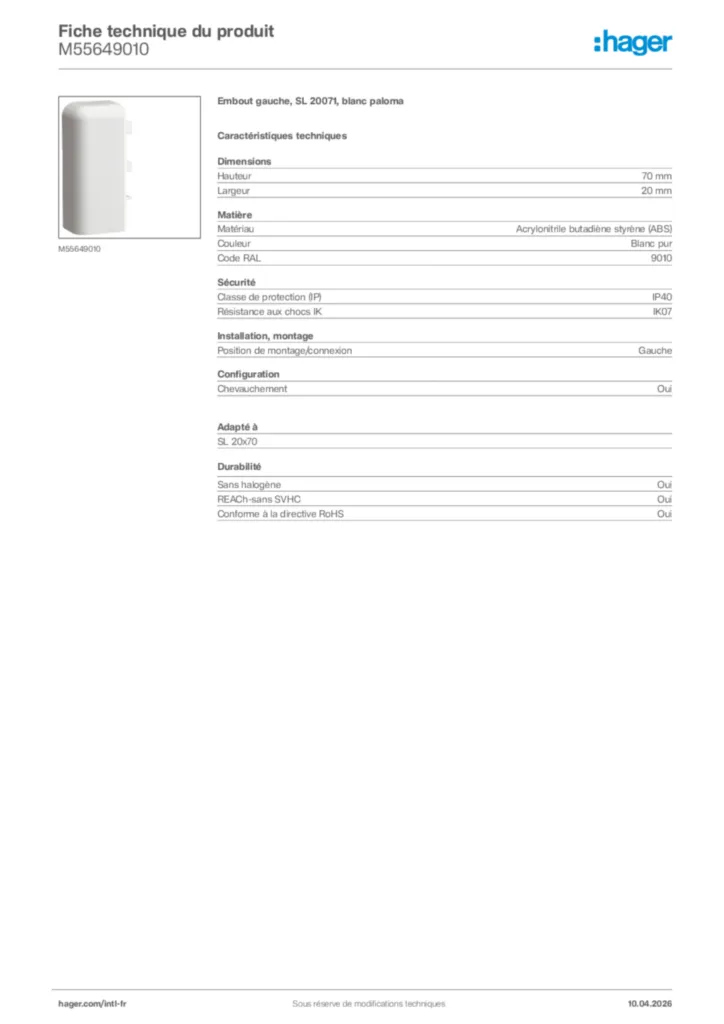 Image Hager Fiche technique du produit M55649010 | Hager Afrique