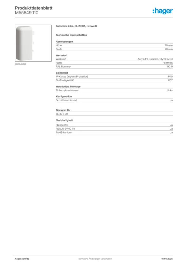 Bild Hager Produktdatenblatt M55649010 | Hager Deutschland