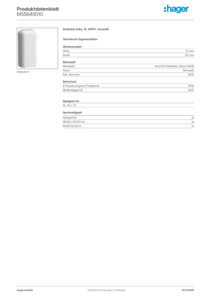 Bild Hager Produktdatenblatt M55649010 | Hager Deutschland