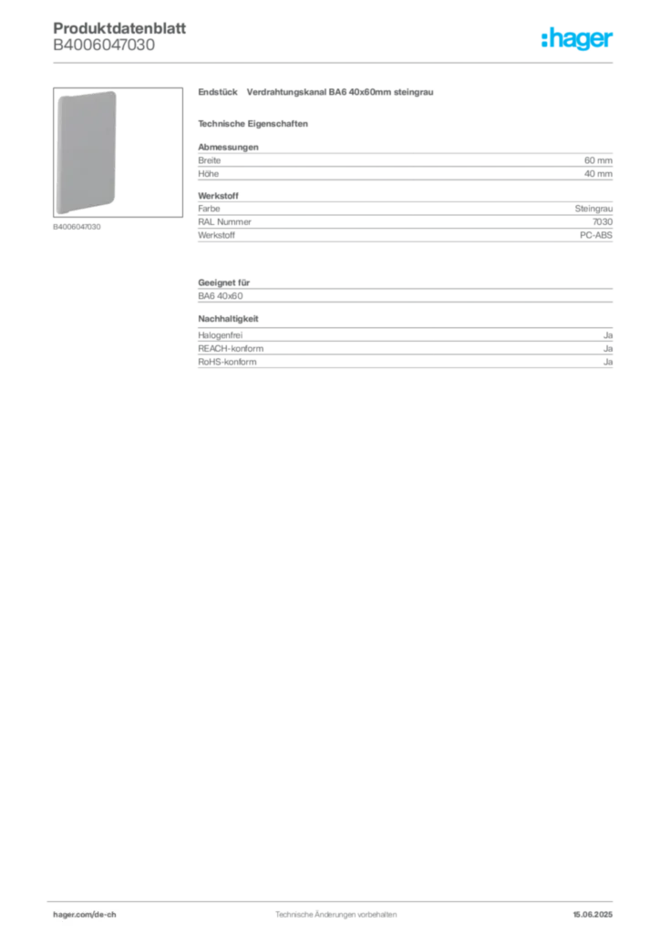 Bild Hager Produktdatenblatt B4006047030 | Hager Schweiz