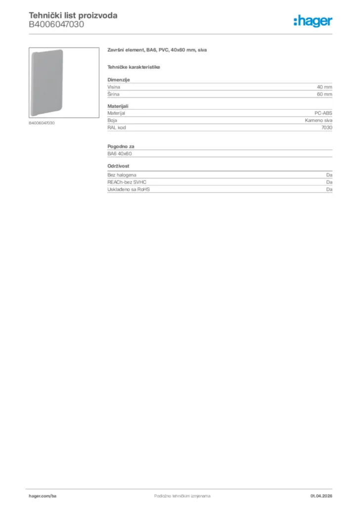 Slika Hager Tehnički list proizvoda B4006047030  | Hager