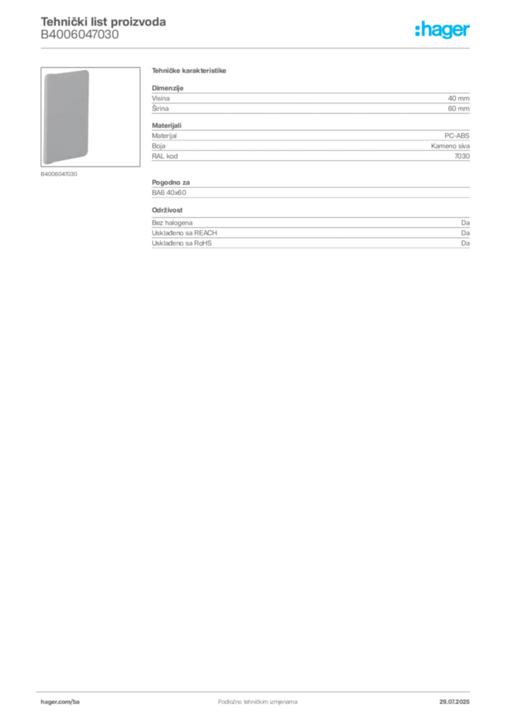Slika Hager Product data sheet B4006047030  | Hager