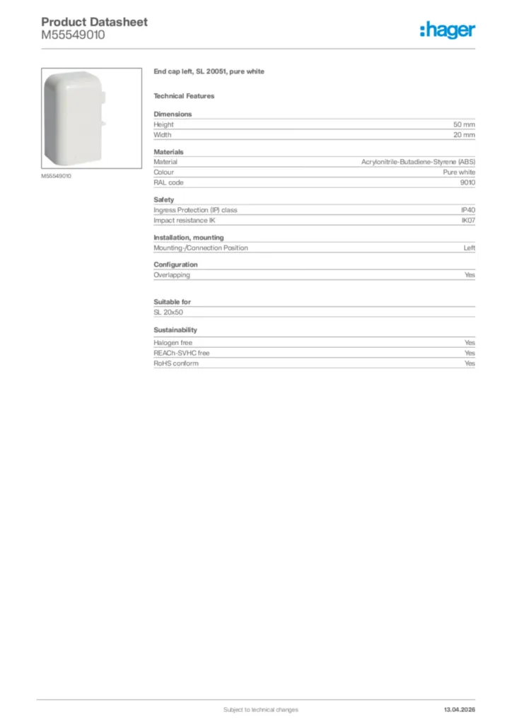 Image Hager Product data sheet M55549010  | Hager Africa