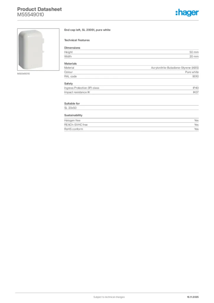 Image Hager Product data sheet M55549010  | Hager Africa