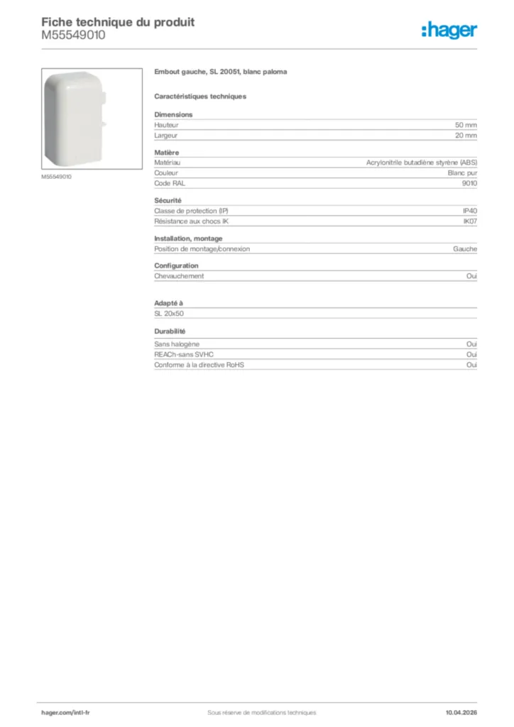 Image Hager Fiche technique du produit M55549010 | Hager Afrique