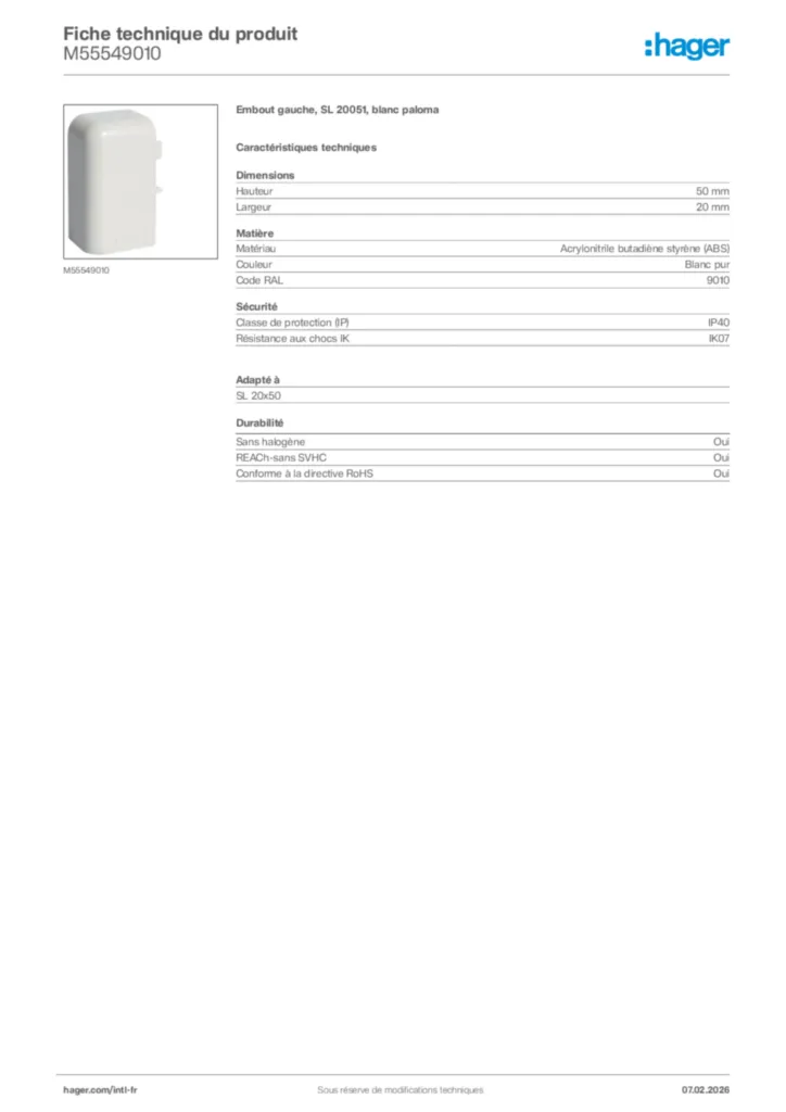 Image Hager Fiche technique du produit M55549010 | Hager Afrique