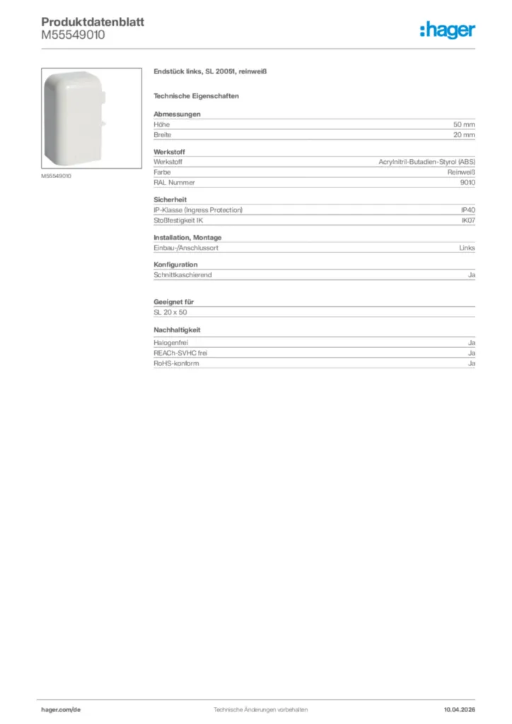 Bild Hager Produktdatenblatt M55549010 | Hager Deutschland