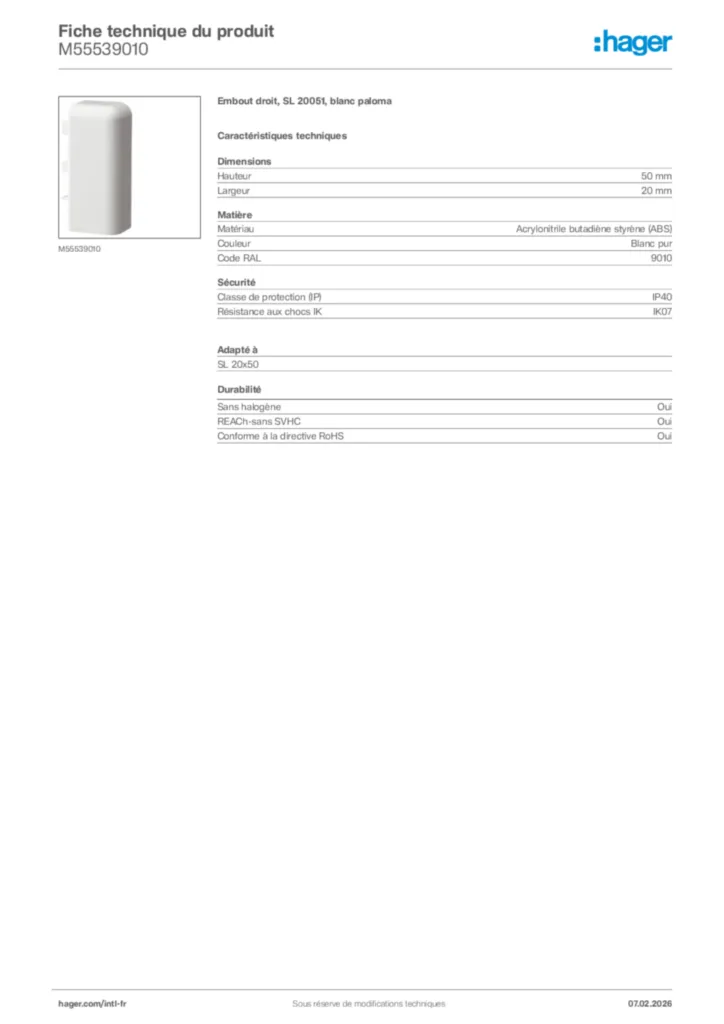 Image Hager Fiche technique du produit M55539010 | Hager Afrique