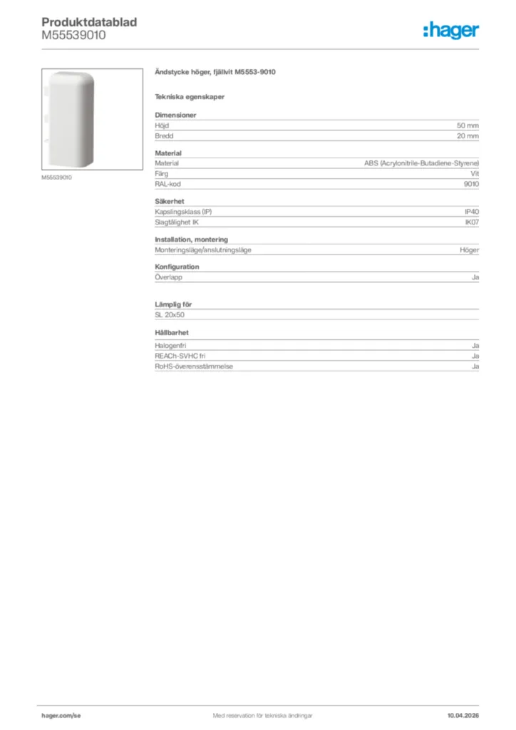 Bild Hager Produktdatablad M55539010 | Hager Sverige
