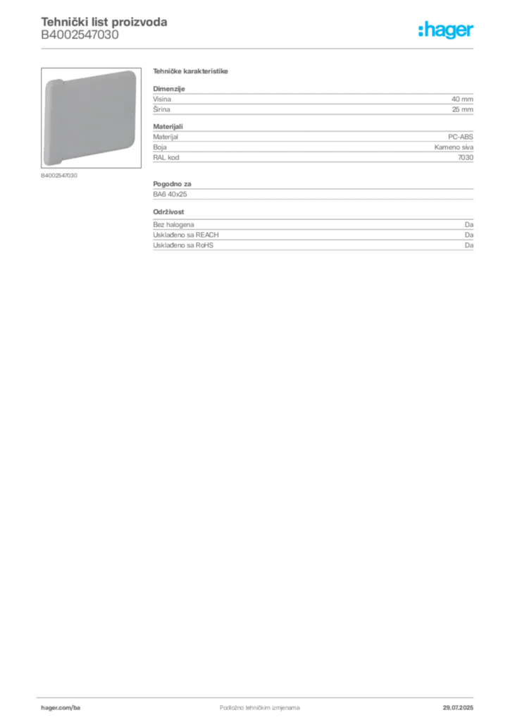 Slika Hager Product data sheet B4002547030  | Hager
