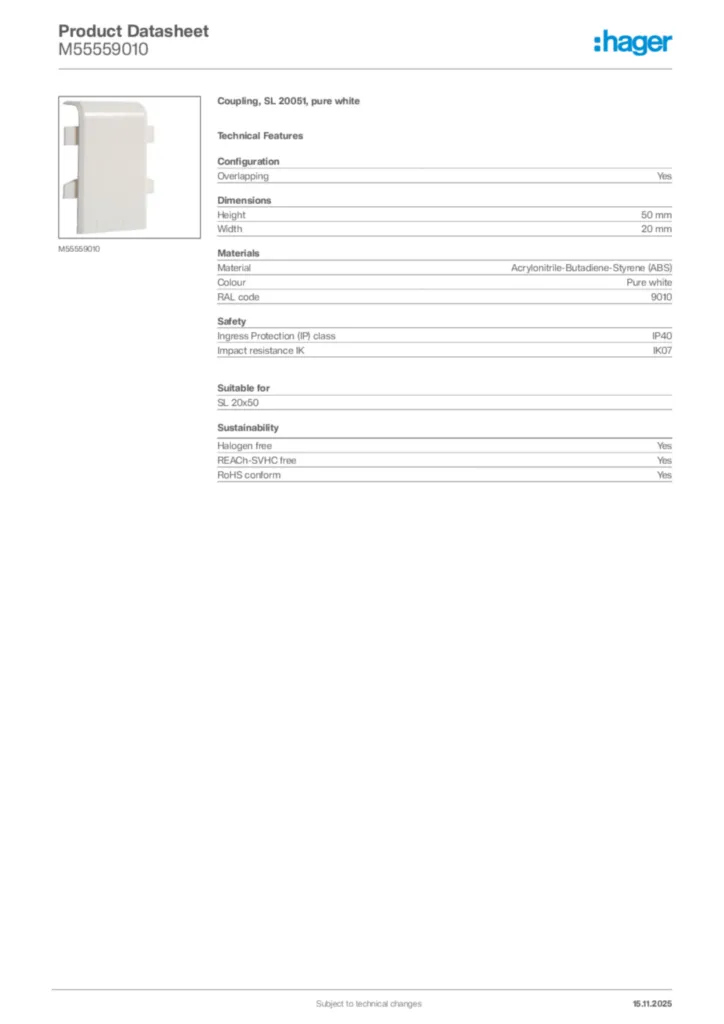 Image Hager Product data sheet M55559010  | Hager Africa