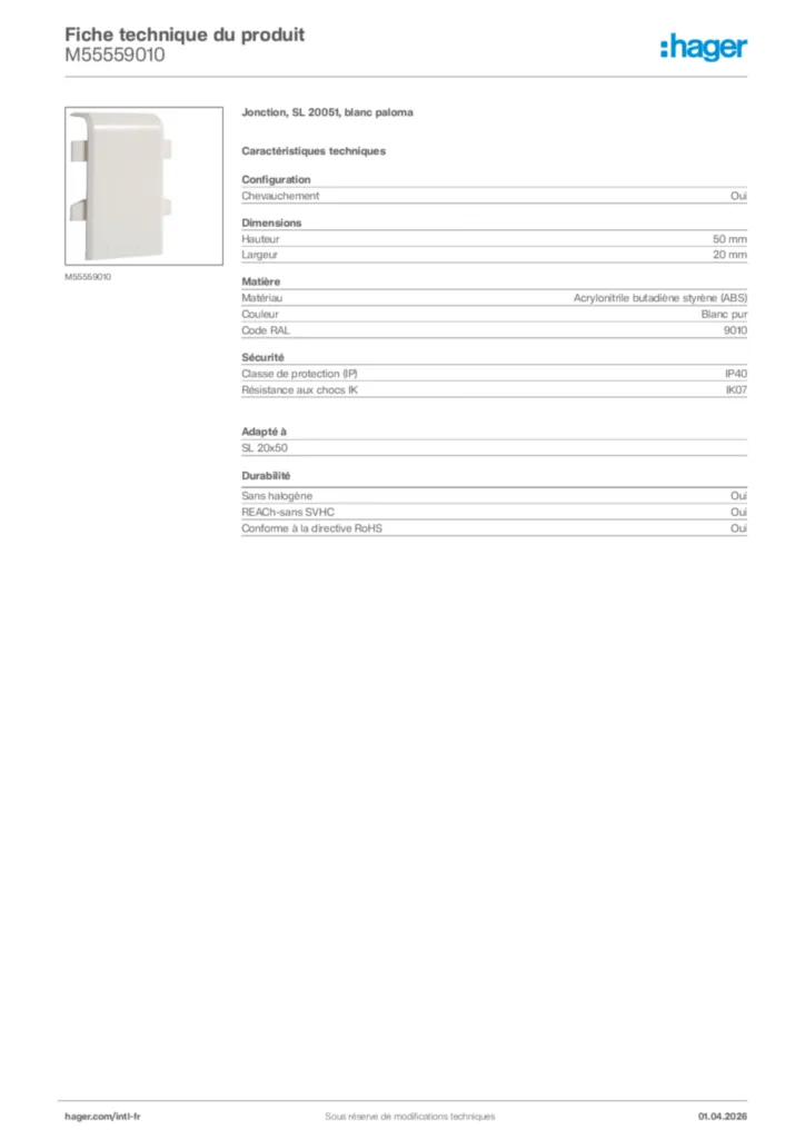 Image Hager Fiche technique du produit M55559010 | Hager Afrique