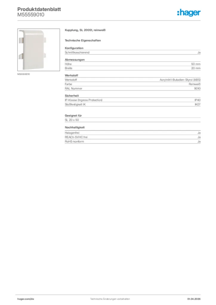 Bild Hager Produktdatenblatt M55559010 | Hager Deutschland