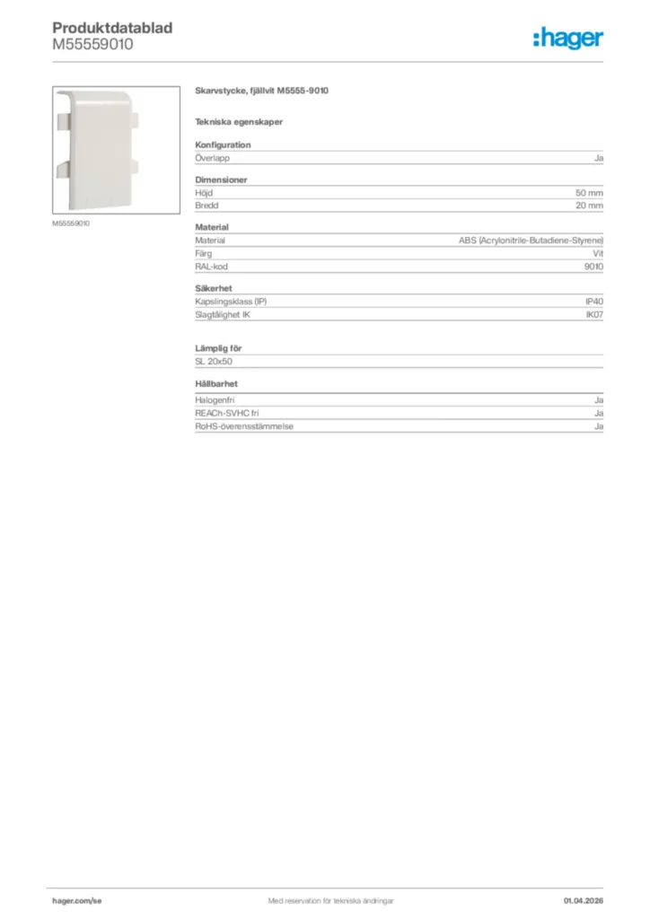 Bild Hager Produktdatablad M55559010 | Hager Sverige