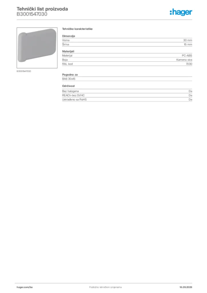 Slika Hager Tehnički list proizvoda B3001547030  | Hager