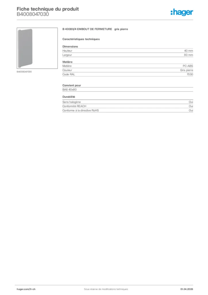 Image Hager Fiche technique du produit B4008047030 | Hager Suisse