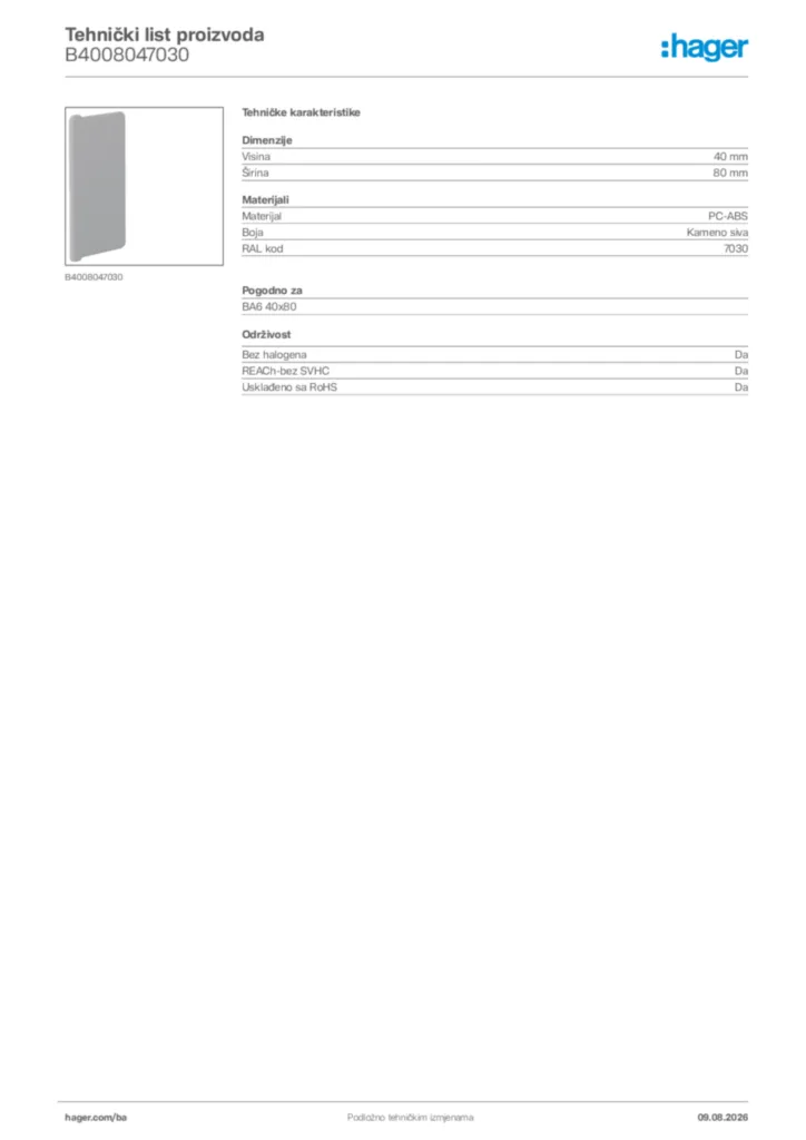 Slika Hager Tehnički list proizvoda B4008047030  | Hager