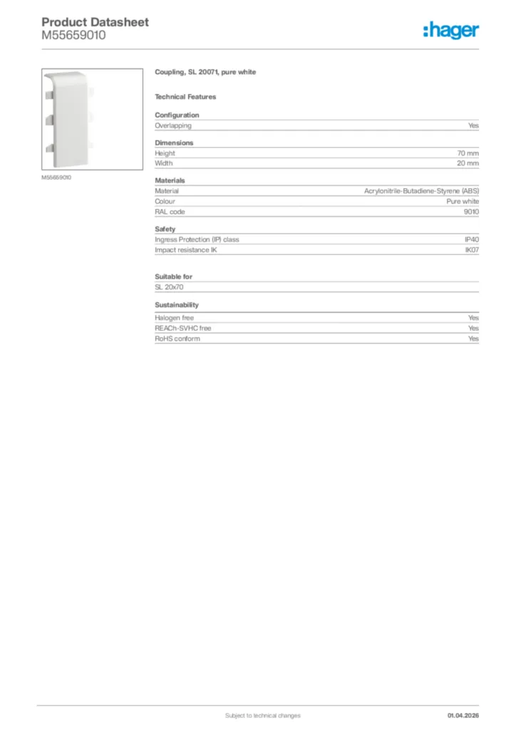 Image Hager Product data sheet M55659010  | Hager Africa